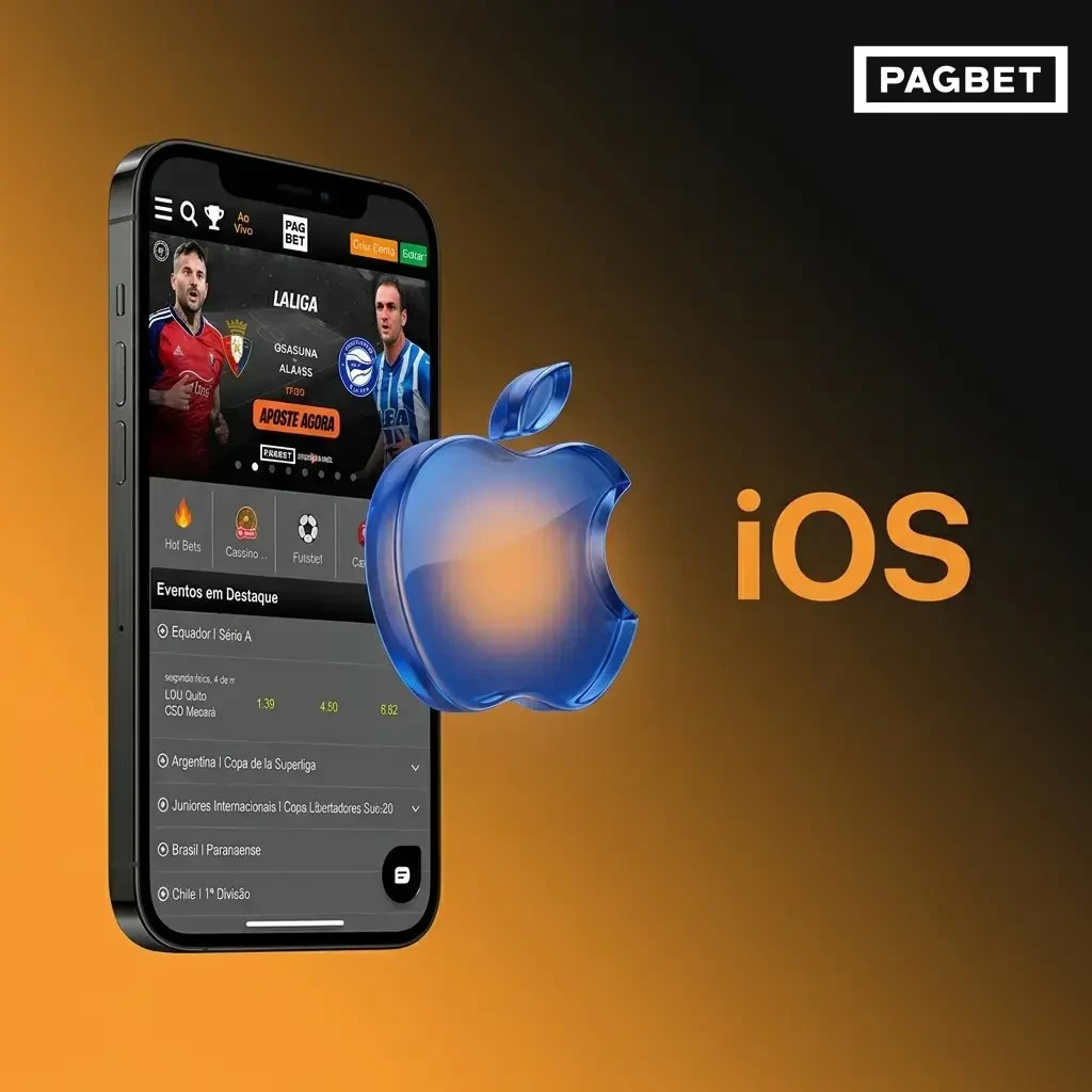 Ícone da Apple com texto sobre o app Pagbet para iOS disponível em breve na App Store para iPhone.